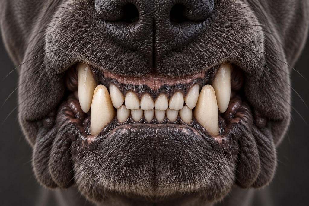 Vue de face des mâchoires en ciseaux : les incisives supérieures recouvrent légèrement les inférieures, avec les canines visibles.