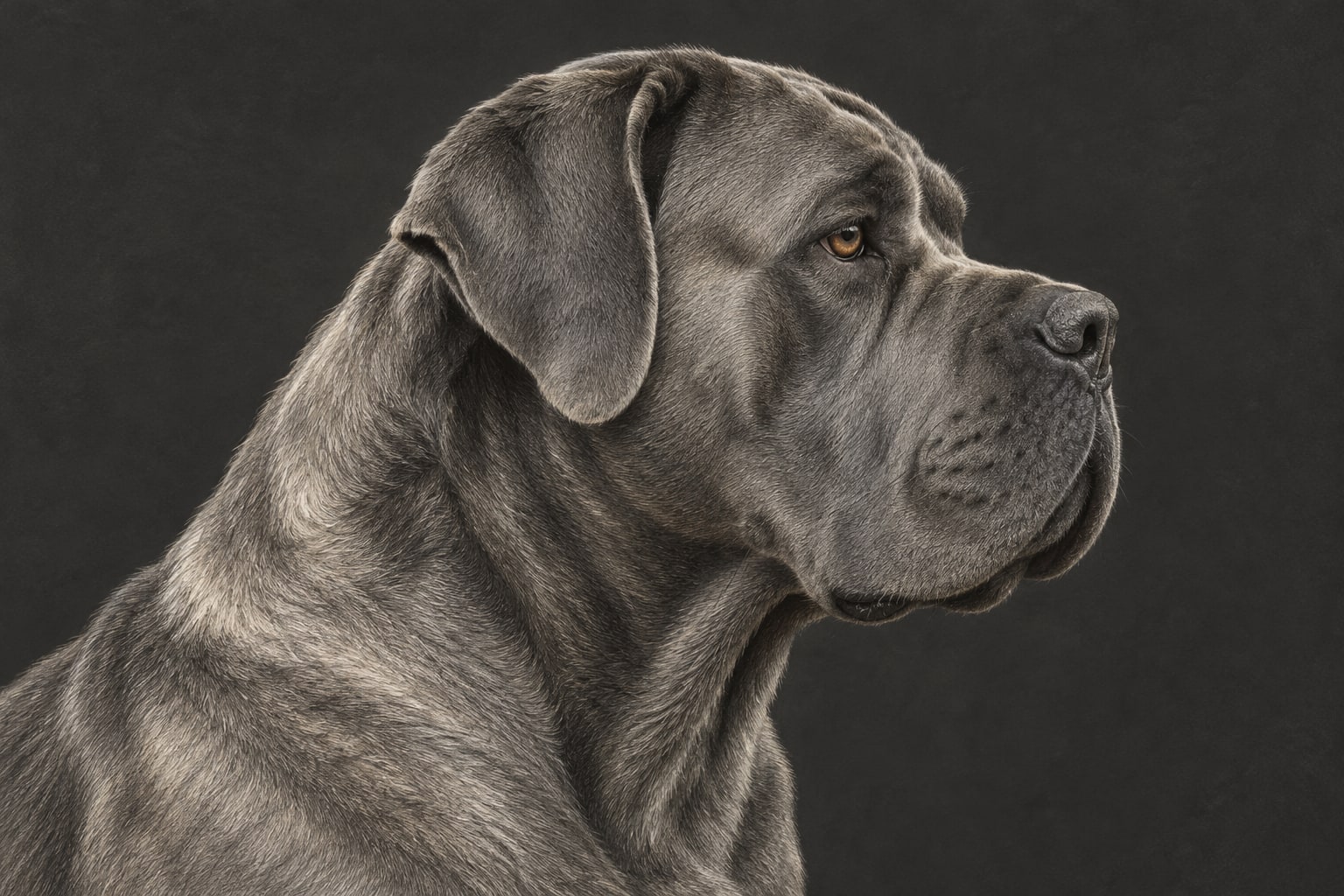 Illustration originale d’une tête de Cane Corso gris, oreilles naturelles et gueule fermée.