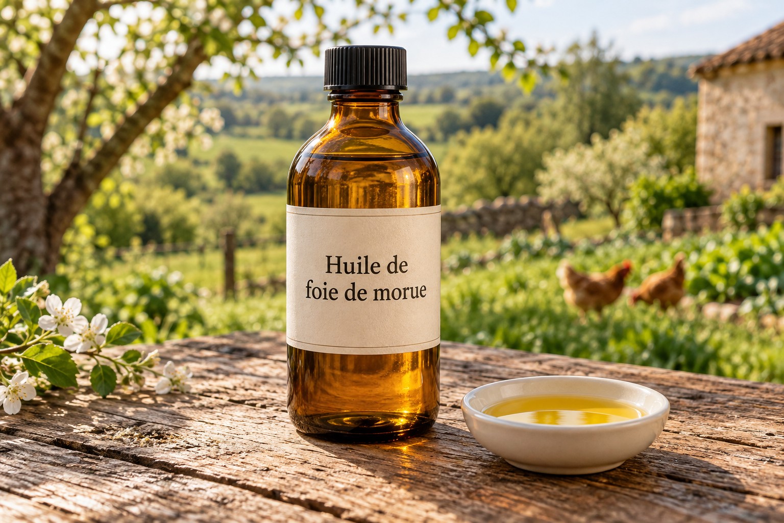 Bouteille d’huile de foie de morue et coupelle d’huile sur une table en bois