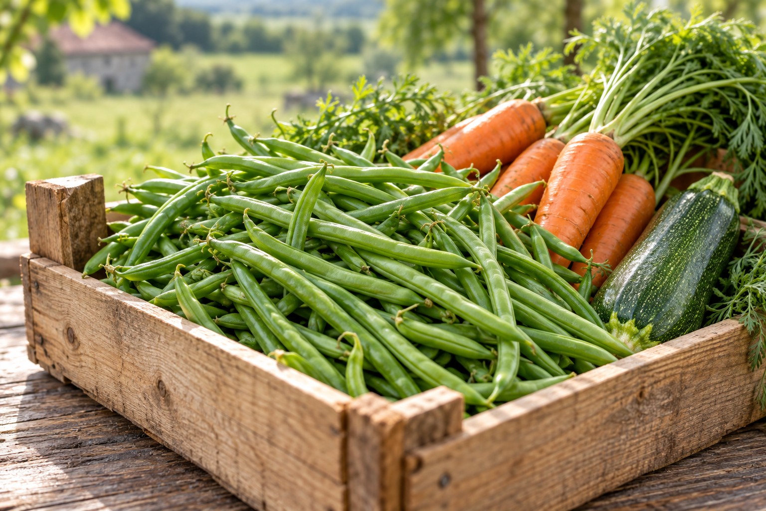 Cagette de haricots verts frais avec des carottes et une courgette